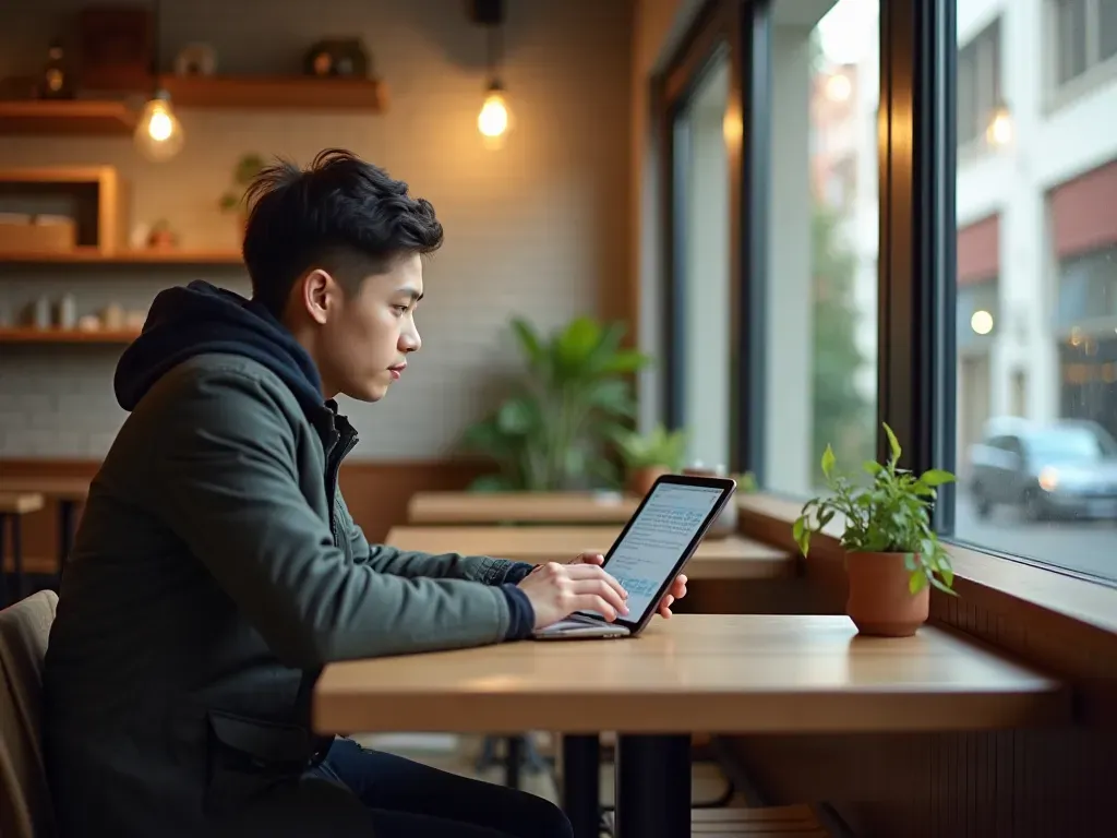 travel planning cafe scene A person sitting at a modern cafe table looking at a tablet device with natural light streaming through large windows and a cozy atmosphere without any visible text on the screen.