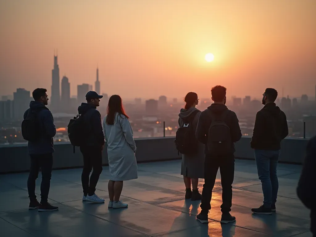 A realistic photograph of a group of people standing on a modern concrete rooftop at twilight, looking upward with professional optical equipment, soft orange sky lighting, clear atmospheric depth, no visible text or branding