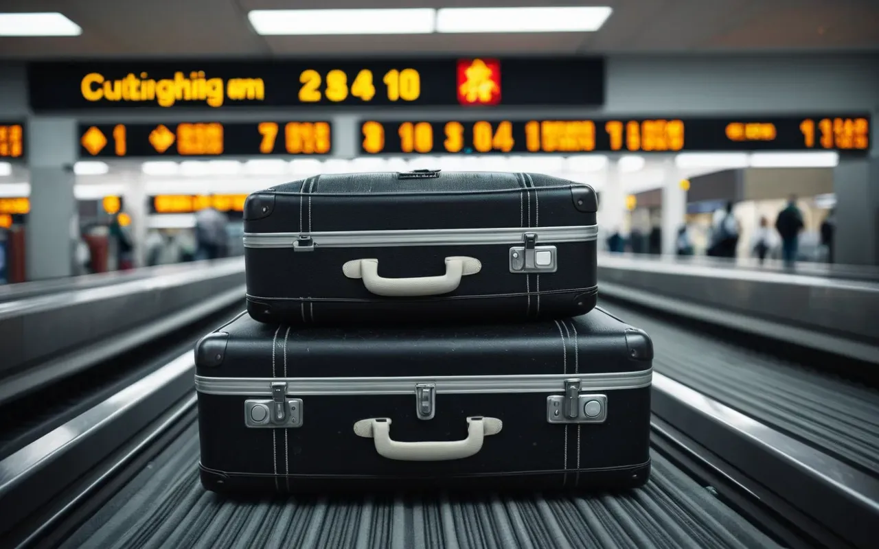 A row of stacked suitcases on a moving conveyor belt in an airport baggage claim area with soft ambient lighting and a calm orderly appearance.