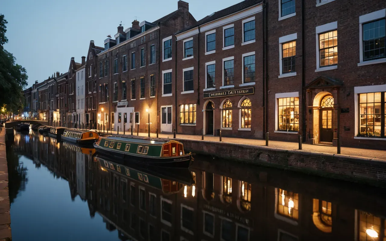 A serene evening view of illuminated canal boats gliding past historic brick buildings reflected in calm water with soft ambient lighting creating a peaceful yet vibrant mood