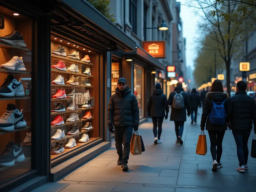 A street view of a busy urban sidewalk with people walking past a modern storefront displaying colorful athletic shoes on shelves while pedestrians carry shopping bags and look at their phones under overcast daylight.