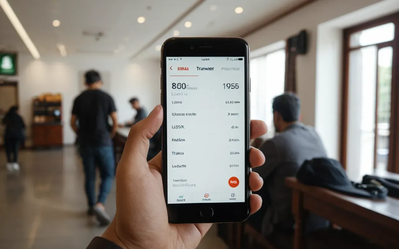 A traveler looking at their phone screen in a bright modern room while checking the final total on their digital bill with concern.