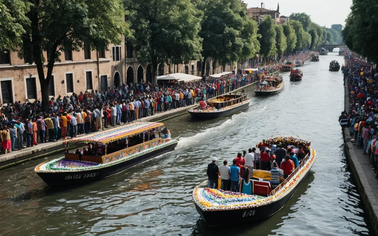 A vibrant boat parade on a wide canal during daytime with colorful floats decorated in rainbow patterns and crowds of diverse people watching from stone embankments under bright sunlight