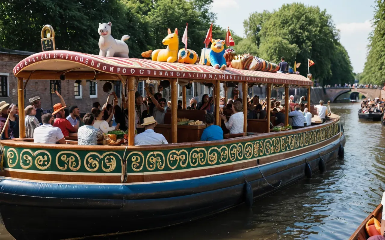 A vibrant scene on a canal boat with people celebrating and waving an inflatable animal prop under bright daylight.