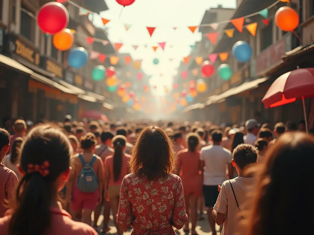 celebration scene A vibrant street scene filled with diverse people celebrating together, colorful balloons floating in the air, and festive decorations hanging from buildings, captured in a photo-realistic style with warm lighting.