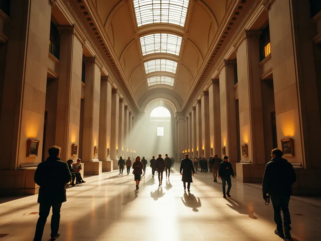 A wide angle interior shot of a grand museum hall with high ceilings and classical architecture showing visitors walking calmly under warm artificial lighting while rain is visible through tall windows in the background