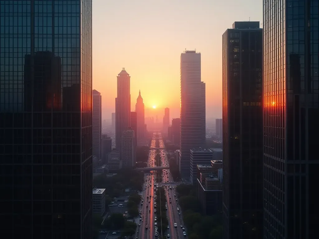 A wide angle photograph of a modern city skyline at dusk with a partially obscured sun low on the horizon, tall glass buildings reflecting warm orange light, clear atmospheric perspective, no visible text or signage, realistic lighting conditions