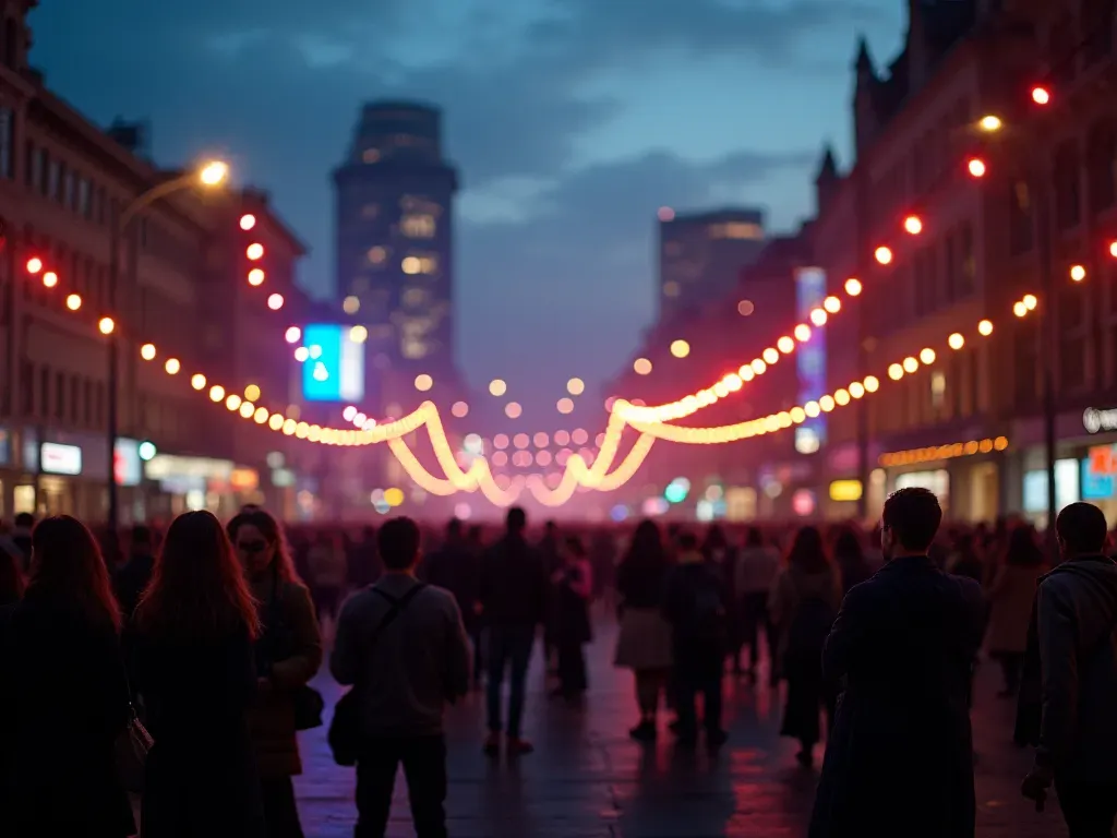 A wide-angle shot of a bustling urban plaza at dusk with colorful stage lighting illuminating the crowd from below. People are standing close together looking forward toward an unseen focal point in the distance.