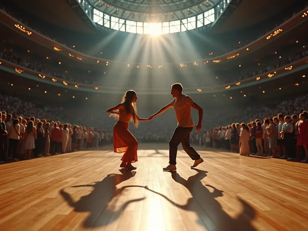 A wide-angle shot of a large indoor arena with polished wooden floors where two dancers are in the center performing dynamic floor moves while a diverse crowd watches from elevated bleachers under bright white stage lights.