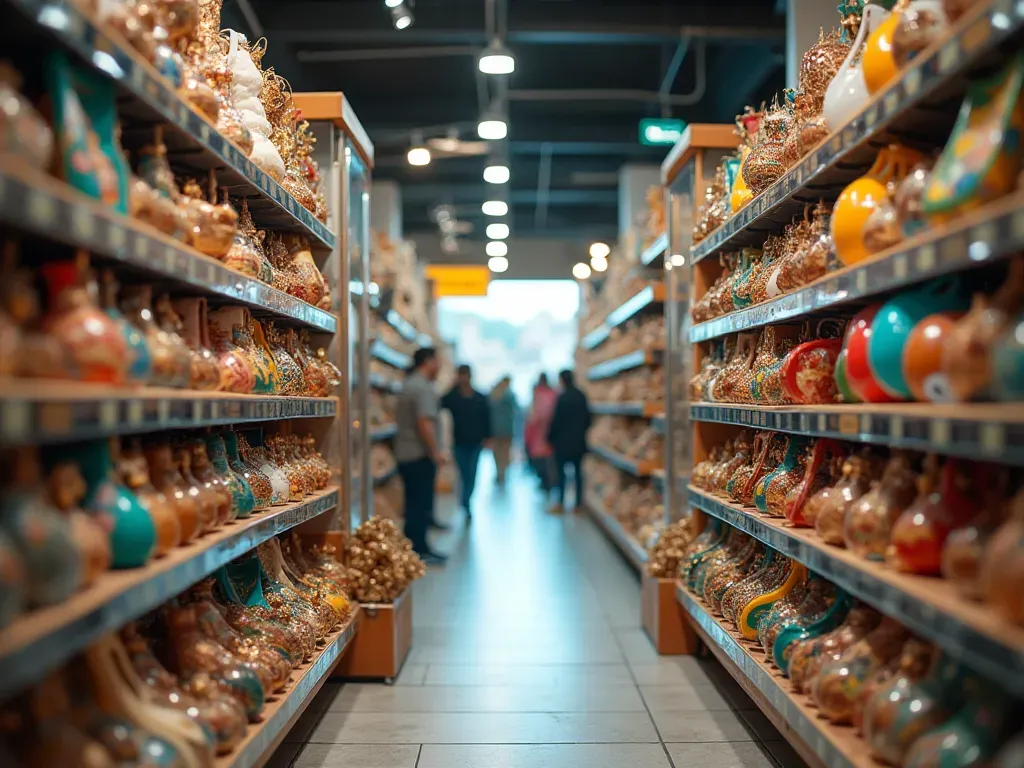 A wide-angle view of a busy travel shopping aisle with shelves filled with colorful small trinkets and glass display cases under bright fluorescent lighting.