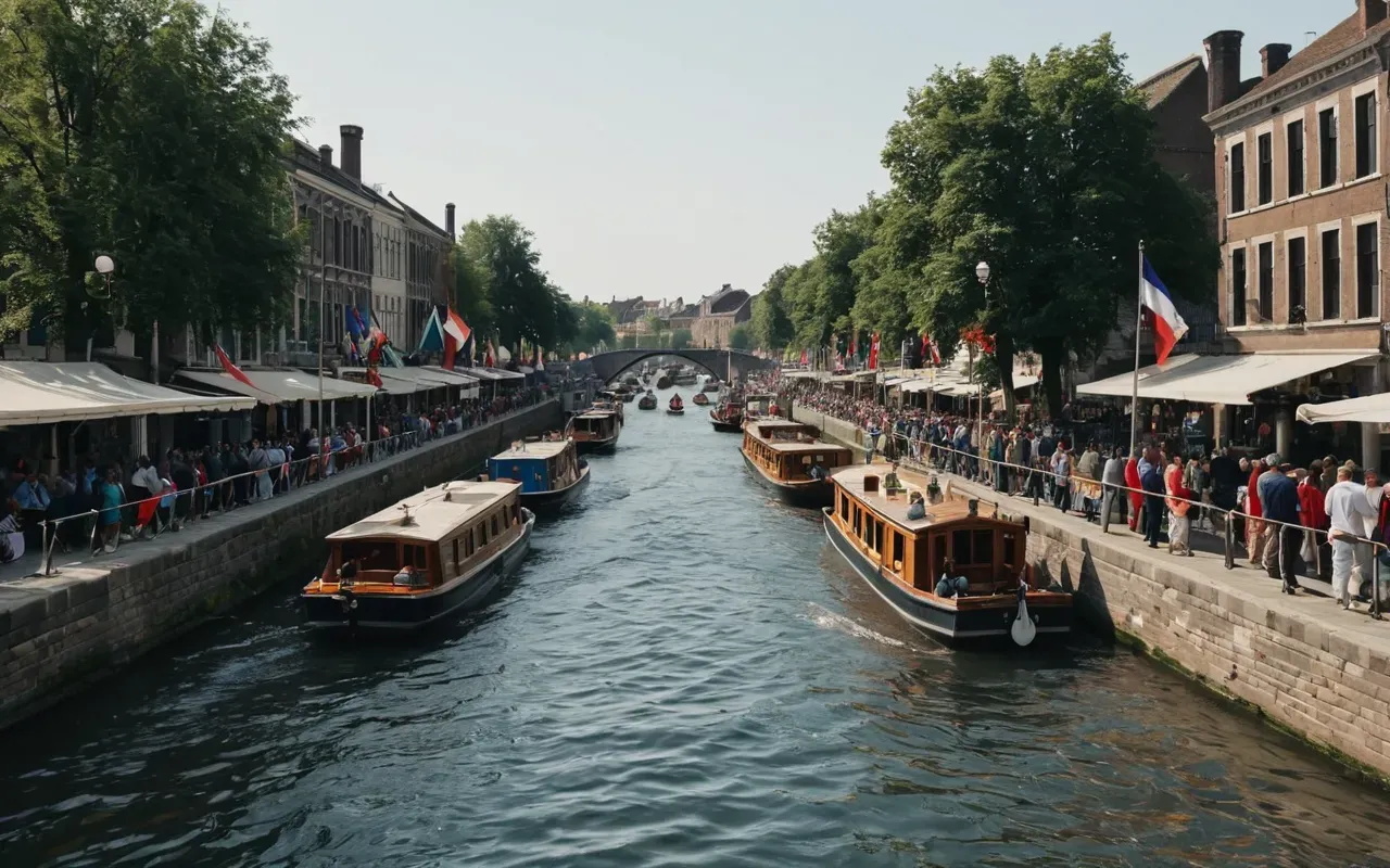 canal parade scene A wide shot of a modern canal filled with brightly decorated boats gliding past stone embankments. Spectators line the waterfront under clear daylight. The scene captures a vibrant urban festival atmosphere with diverse crowds watching the procession. No text or signage is visible on any surface.