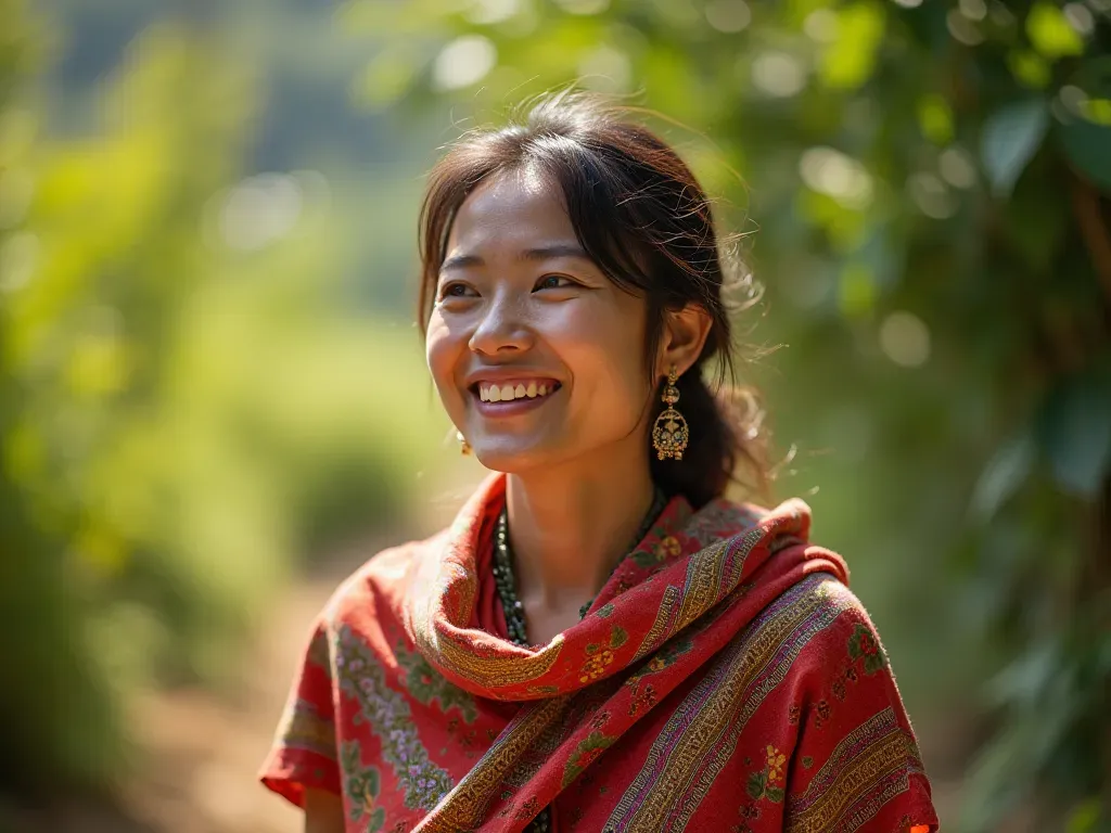 A woman standing in natural sunlight wearing a vibrant brightly patterned traditional shawl draped over her shoulders smiling naturally with blurred green foliage background no text visible