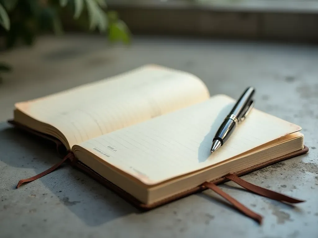 Clean editorial still life of a modern travel journal and pen on a concrete surface with soft diffused light