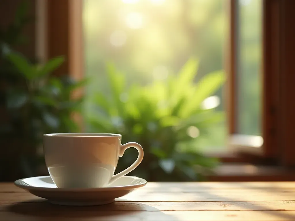 Close up of a ceramic coffee cup on a wooden table next to an open window with blurred green trees in the background, soft morning sunlight beams across the surface