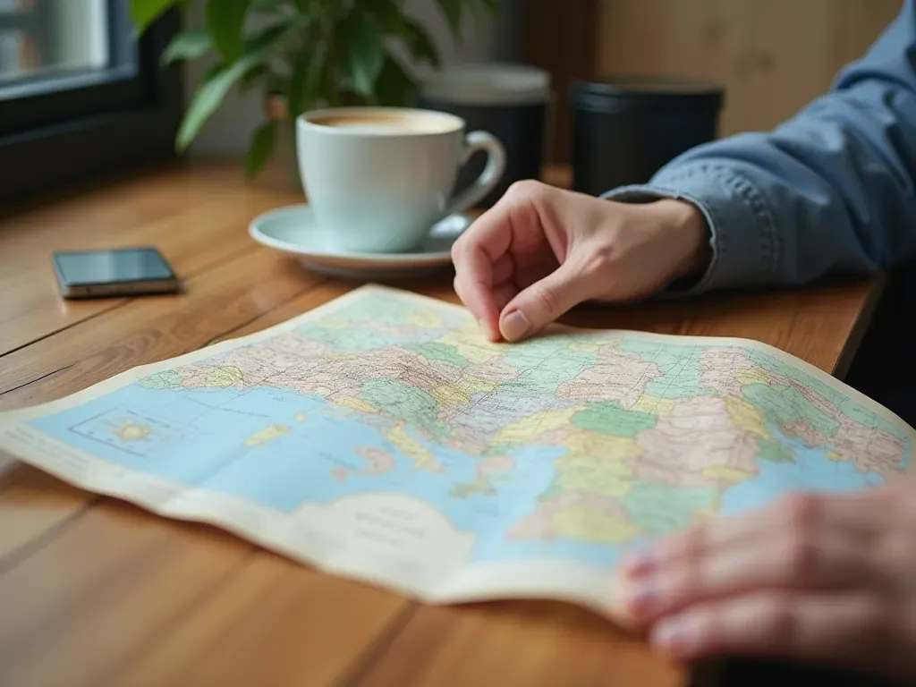Close-up of a hand holding a paper map near a modern cafe table with ceramic coffee cups and soft natural light
