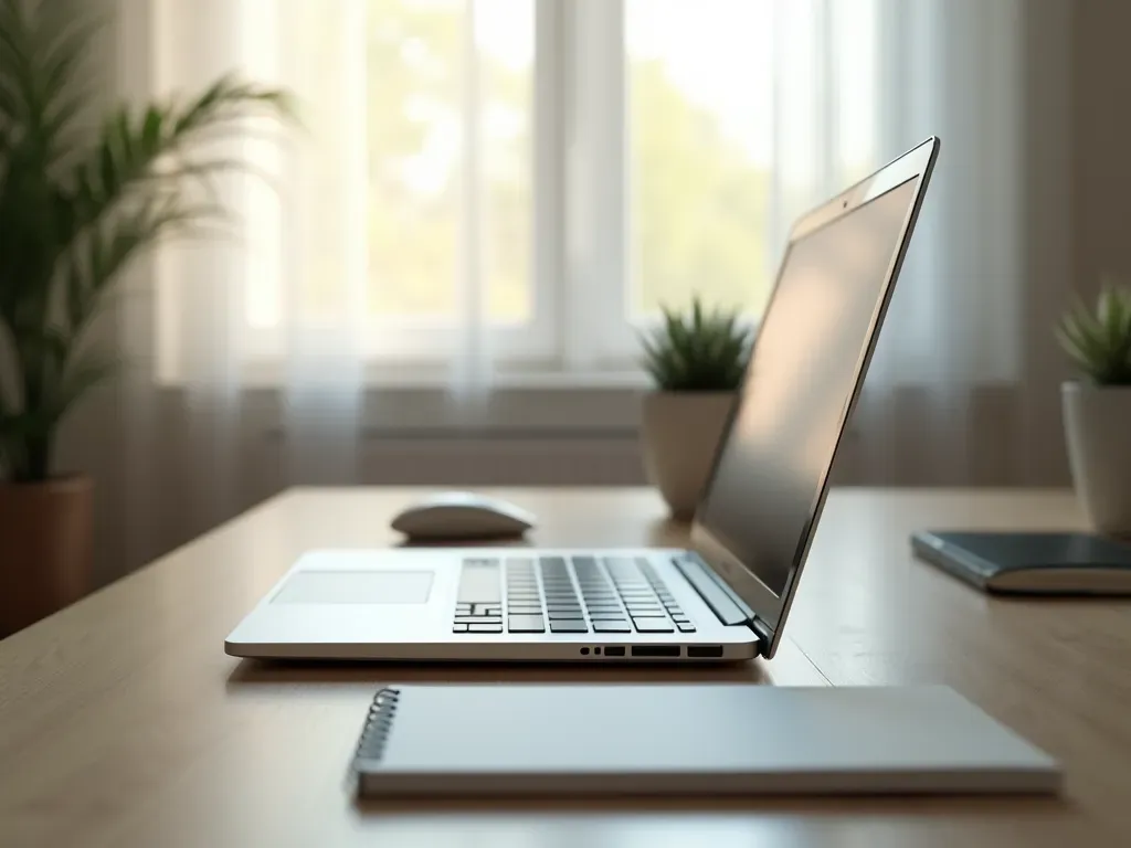 Close-up of a modern desk with a laptop and notebook in soft daylight near a window with sheer curtains