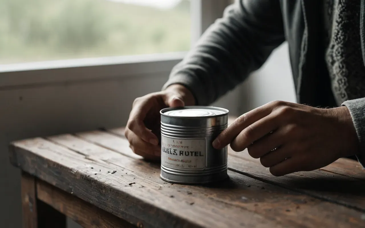 Close up of hands painting a small metal tin can with white matte paint on a wooden workbench near a window.