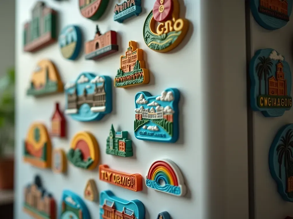 Close-up photo of a cluttered refrigerator door covered in numerous colorful but generic plastic magnets from various cities with no specific landmarks visible just abstract shapes and text blocked out