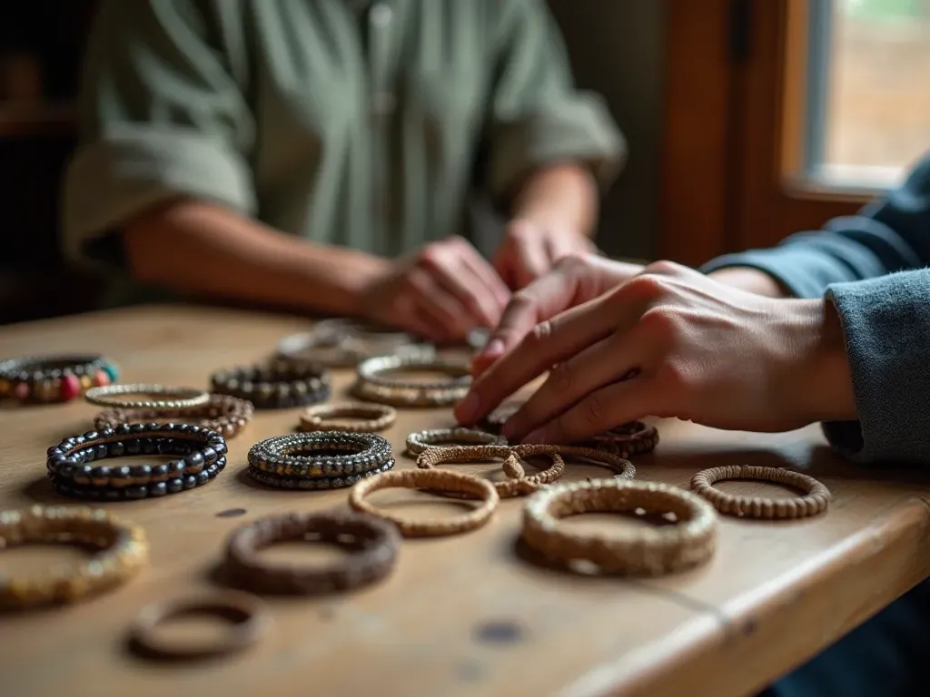 Close up shot of hands arranging various handmade bracelets and rings on a plain wooden table with soft daylight filtering through nearby window highlighting textures no text present