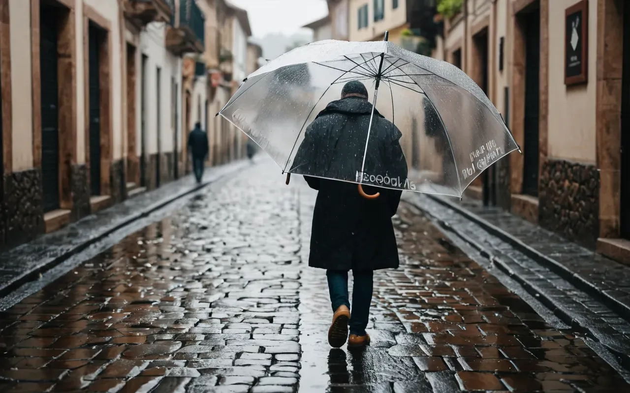 city tours Close up view of a person holding a clear umbrella over their head while walking on wet cobblestones in soft diffused daylight