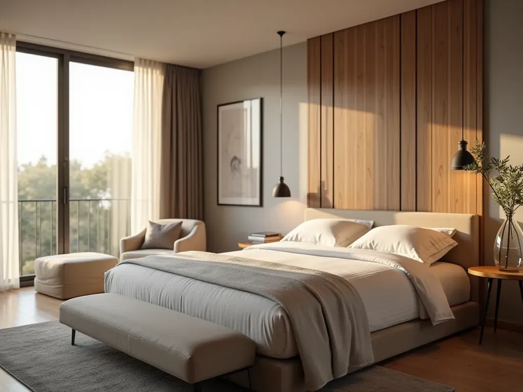 Interior of a modern boutique hotel suite with made bed and neutral linens and large windows showing soft morning light