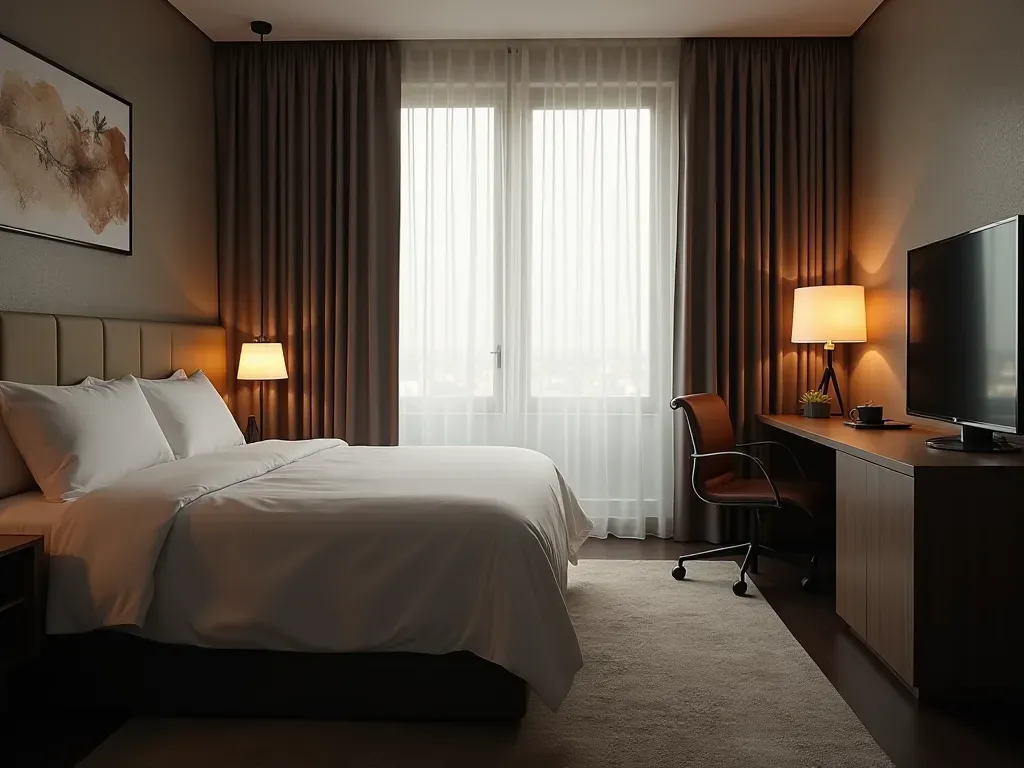 Interior of a modern hotel room with thick blackout curtains drawn tight against bright daylight, heavy soundproofing on the walls, and a single desk lamp glowing in the dimness