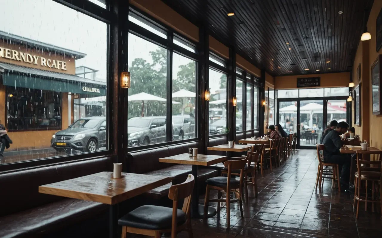 amsterdam weather strategy Interior view of a modern cafe with large windows showing rain falling outside while people sit comfortably at wooden tables inside