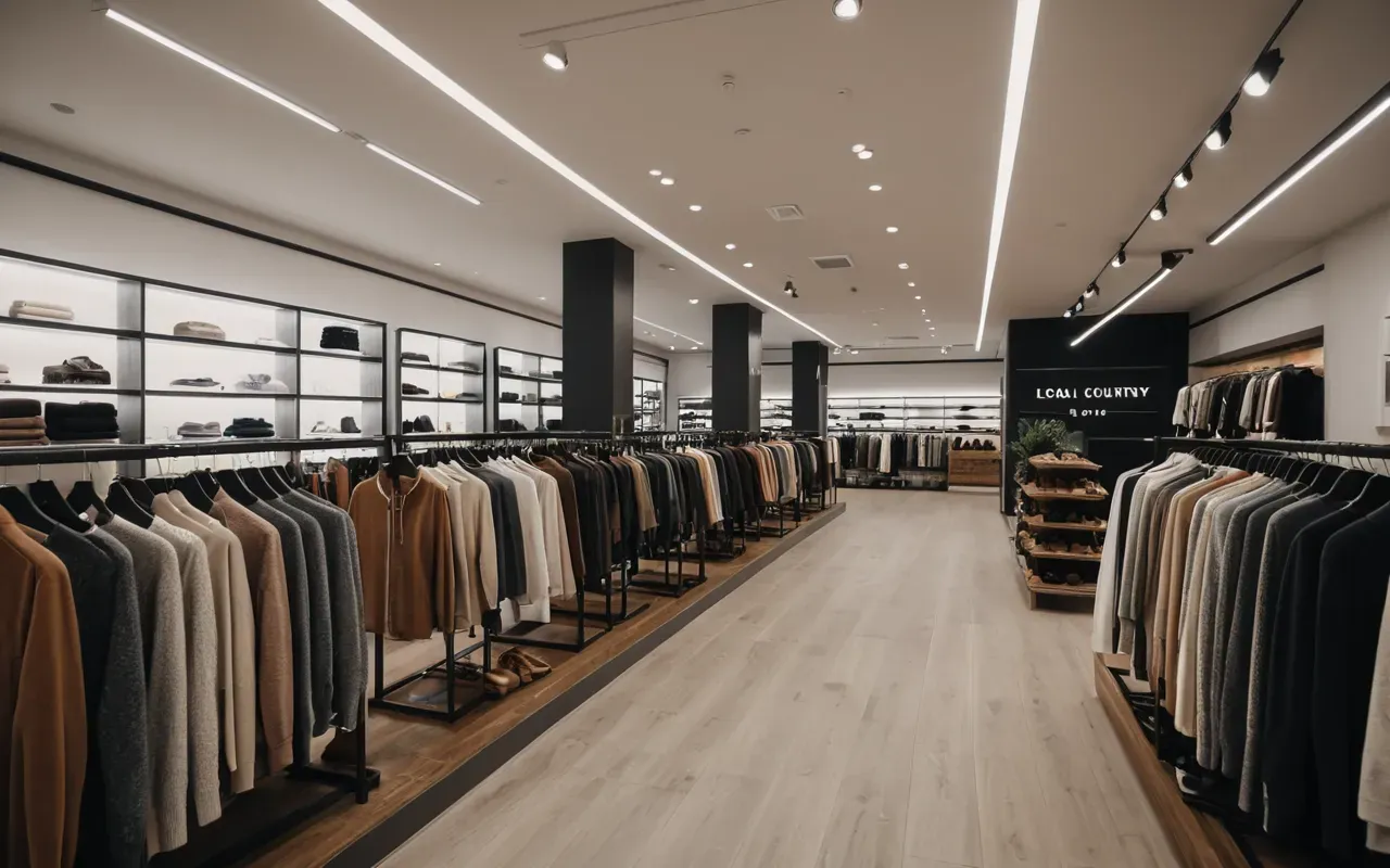 boutique interior shopping comfort Interior view of a modern clothing boutique with racks of neutral-toned garments and soft ambient lighting creating a cozy atmosphere for shoppers