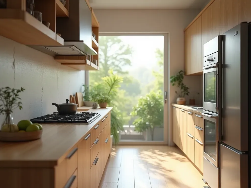 Modern minimalist kitchen interior with wooden countertops and stainless steel appliances, bright natural light coming through a large window showing greenery outside