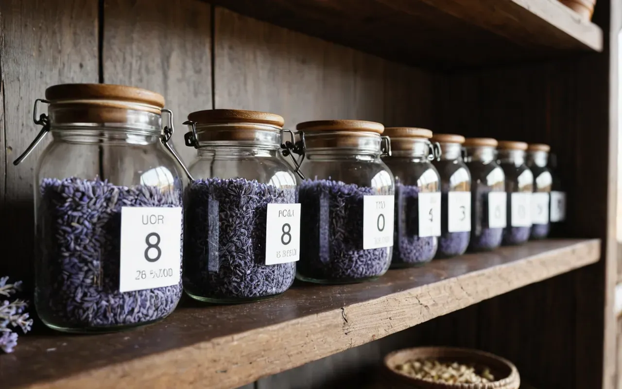 Several clear glass jars filled with white wax and dried lavender buds sitting on a wooden shelf in soft morning light.