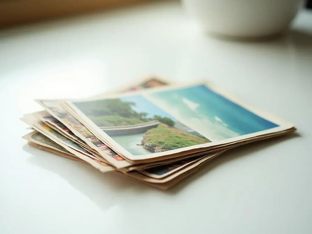 Stack of vintage style postcards lying open on a clean white desk surface with handwritten notes visible but illegible showing different scenic landscapes no text readable