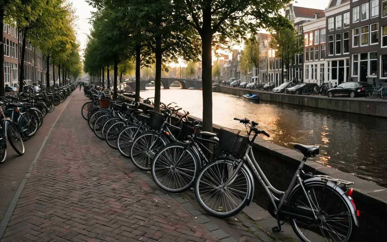 amsterdam weer Wide editorial photograph of a canal in Amsterdam at golden hour with bicycles parked along the brick sidewalk