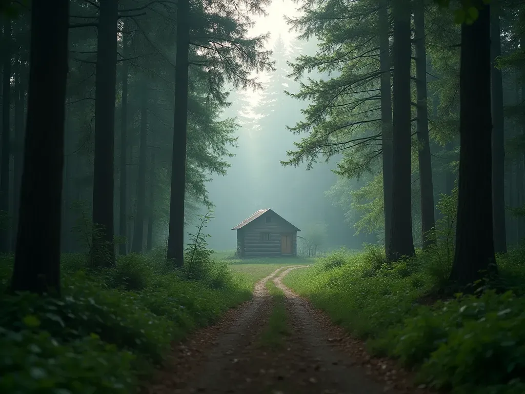 Wide shot of a dense forest path with tall trees and soft morning mist, a small cabin visible in the distance among the foliage, peaceful atmosphere