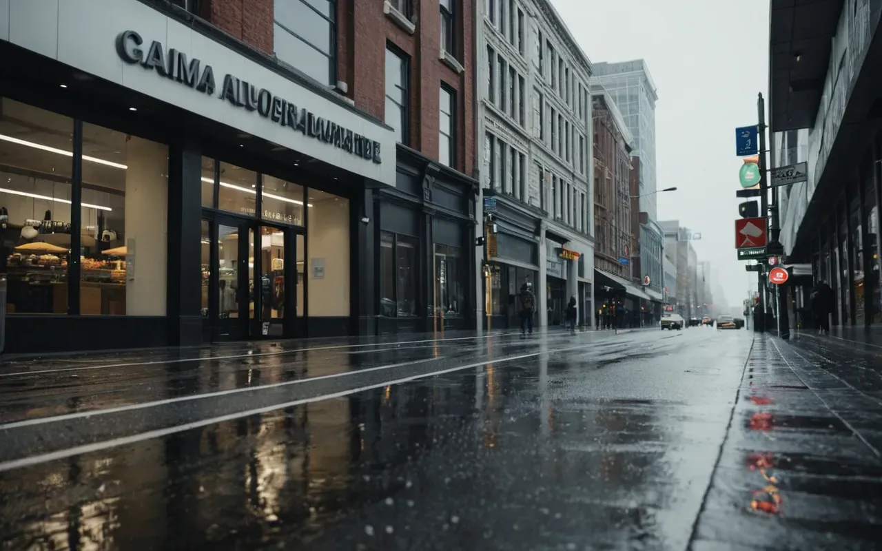 city street weather reflection Wide shot of a modern city street corner with large glass storefronts reflecting an overcast sky and wet pavement glistening under soft diffused light