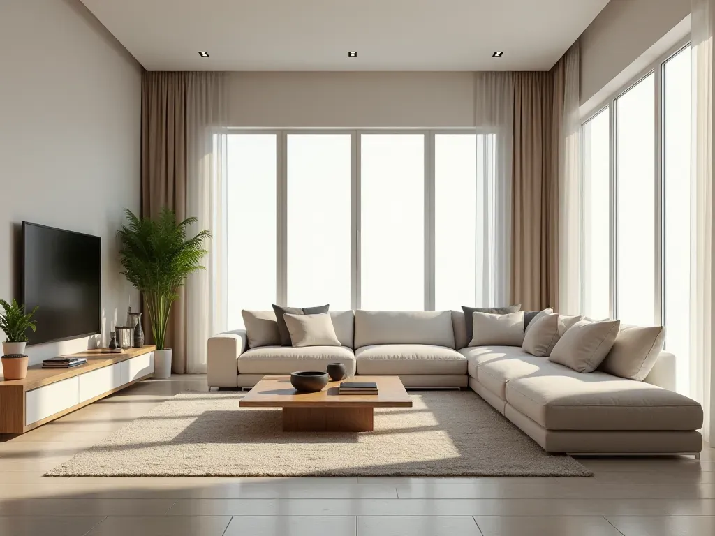 Wide shot of a modern minimalist living room with neutral furniture and large windows showing soft daylight