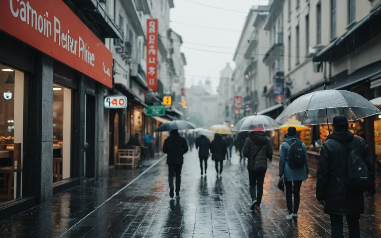 tourism planning tips Wide shot of modern minimalist city street with pedestrians walking under transparent umbrellas on a rainy day soft bokeh background