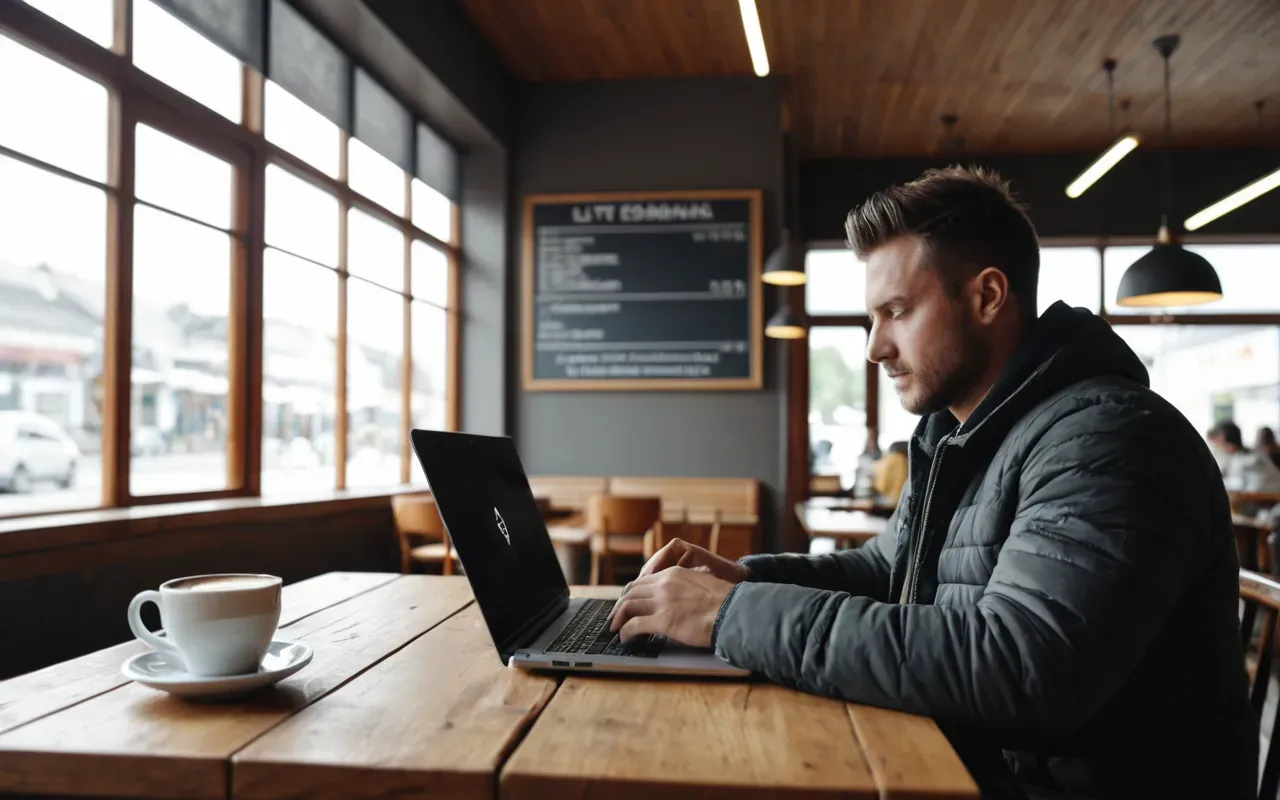 A bright modern cafe interior with large windows and natural light showing a person enjoying a cup of coffee while using a laptop on a wooden table.