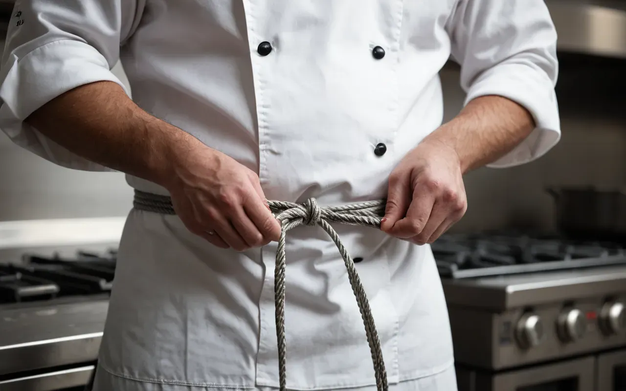 A close-up of a chef's hands tying an apron string tightly around the waist. The background is blurred but shows stainless steel surfaces and hanging utensils in warm light.