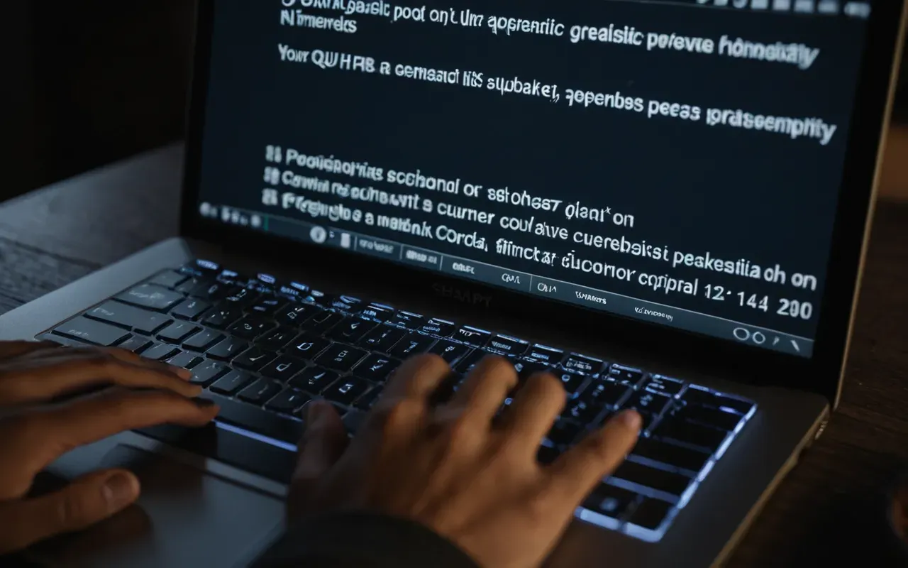 A close up of a hand typing on a laptop keyboard in a dark room with the screen light reflecting off the fingers and a blurred background suggesting late night work