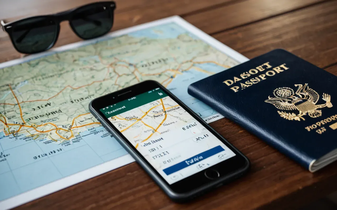 smartphone travel app A close-up of a modern smartphone resting on a wooden table next to a pair of sunglasses and a passport. The screen displays a blurred map interface with a route line visible in the background.