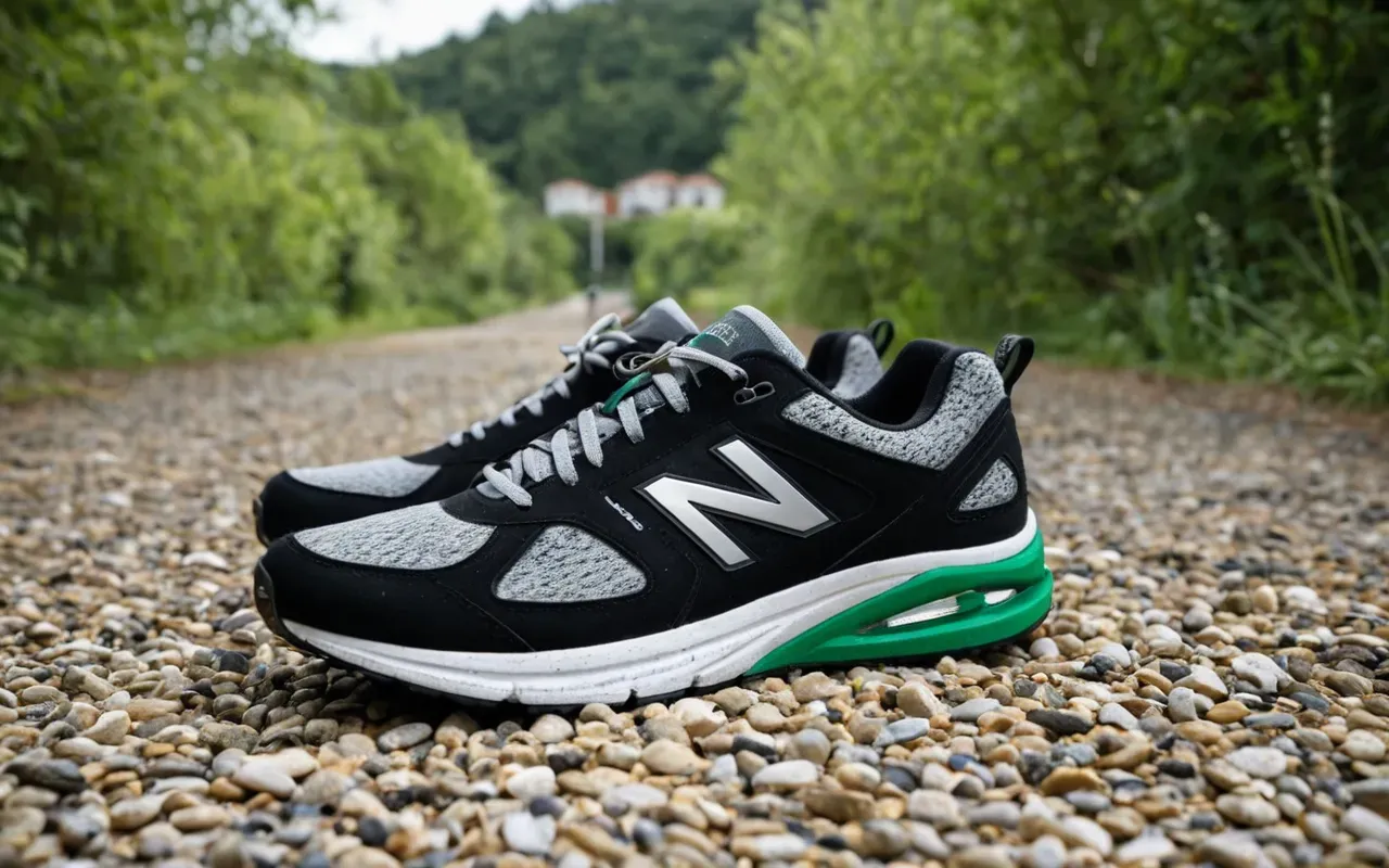 A close up of a pair of modern running shoes on a gravel path with blurred green foliage in the background and bright daylight.