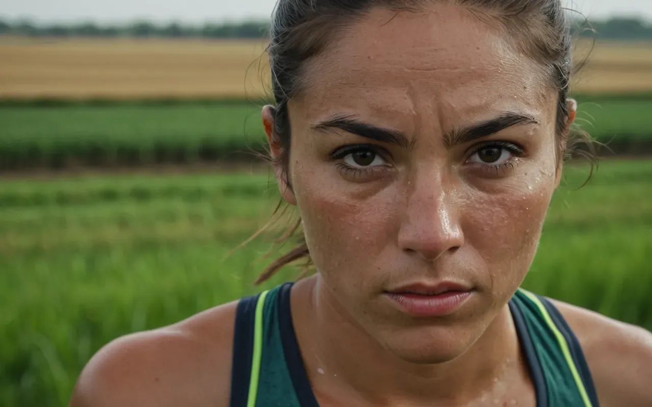 A close-up of a runner's face showing determination and focus with sweat on their skin. The background is blurred green fields suggesting an outdoor setting during daytime with natural light.