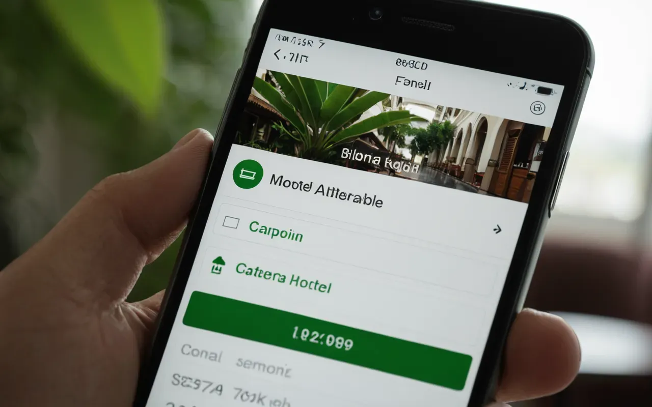 sustainable travel search A close-up of a smartphone screen displaying a generic hotel booking interface with blurred text fields and green leaf icons floating subtly in the corner against a clean white background.