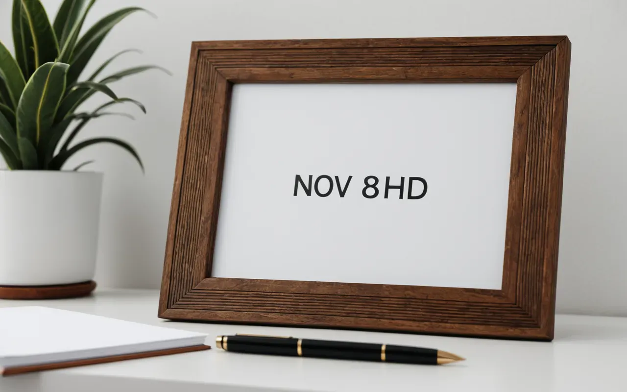 A close-up of a wooden photo frame sitting on a clean white desk next to a green plant and an open notebook in soft natural light.