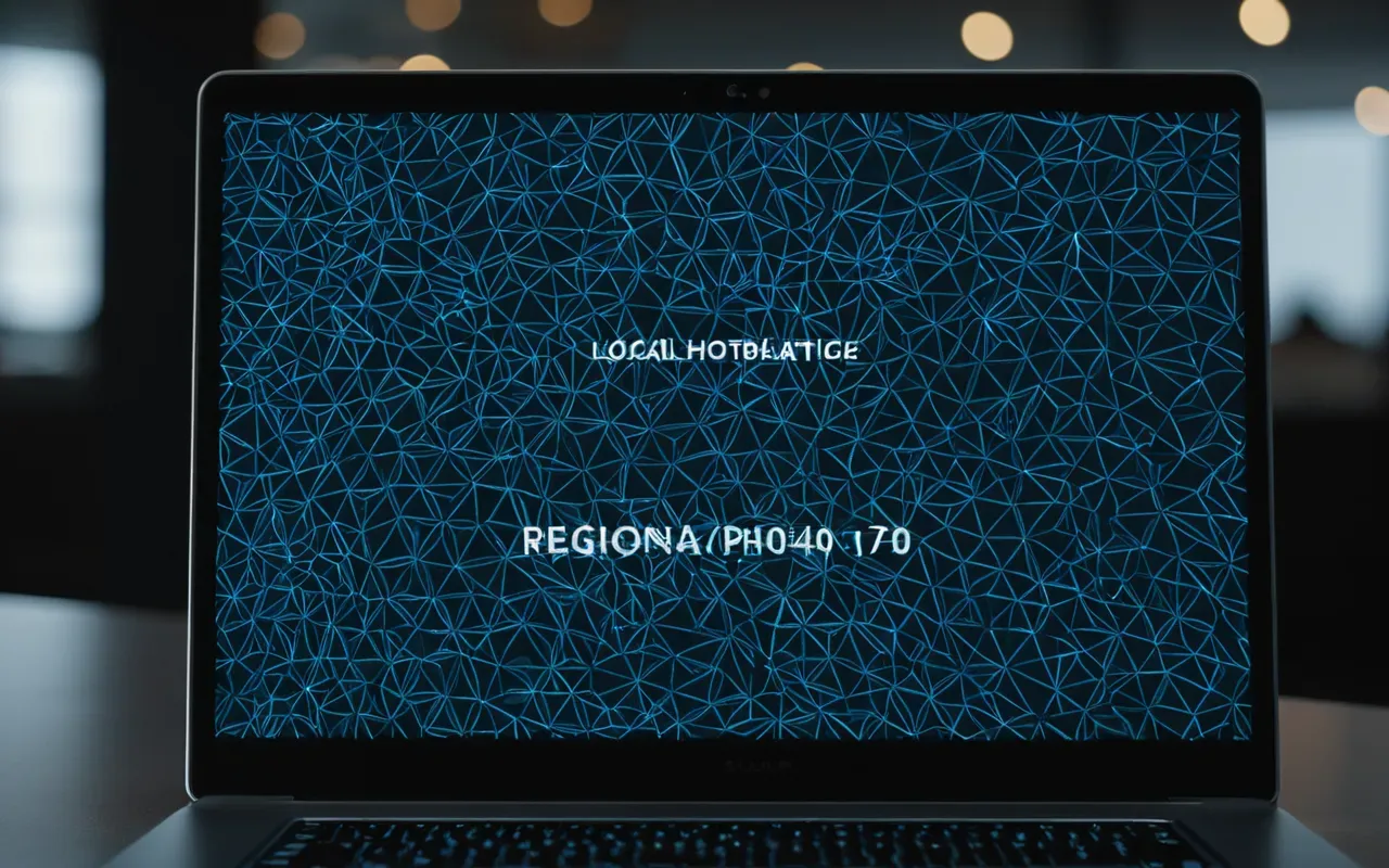 A close-up shot of a modern laptop screen displaying abstract geometric shapes in blue and gray tones. The background is dark and blurred, focusing on the glowing interface elements without any readable text or logos.