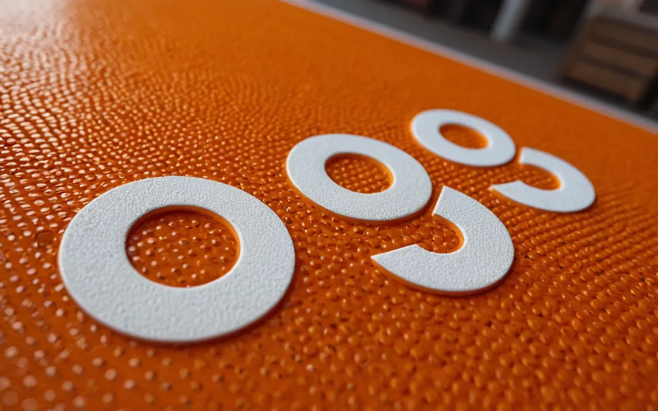 A close up view of a bright orange surface covered in perfectly uniform white circles, the texture appears smooth and glossy under warm indoor lighting.
