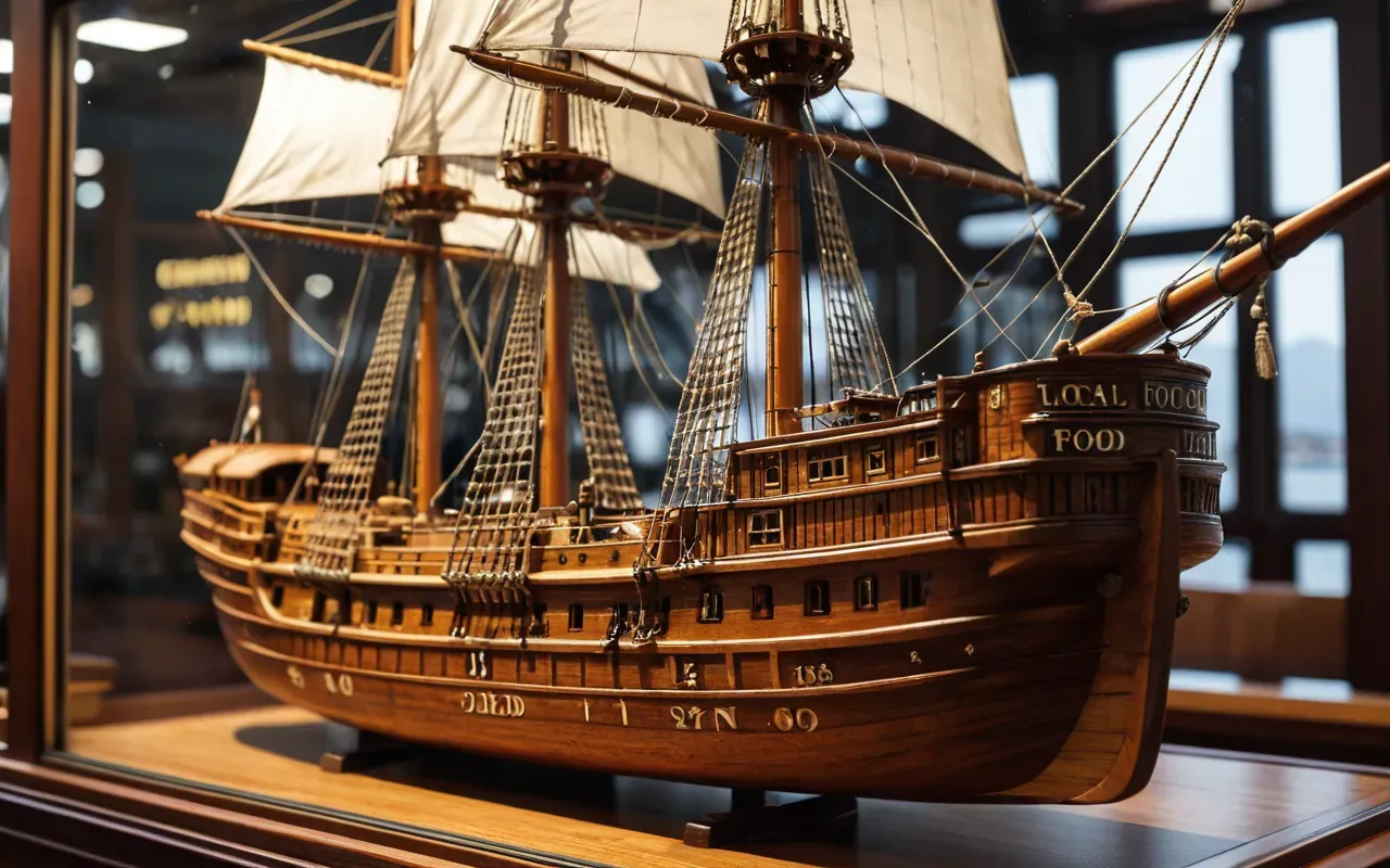 A close-up view of a detailed wooden ship model on display in a glass case. The wood is polished and intricate.