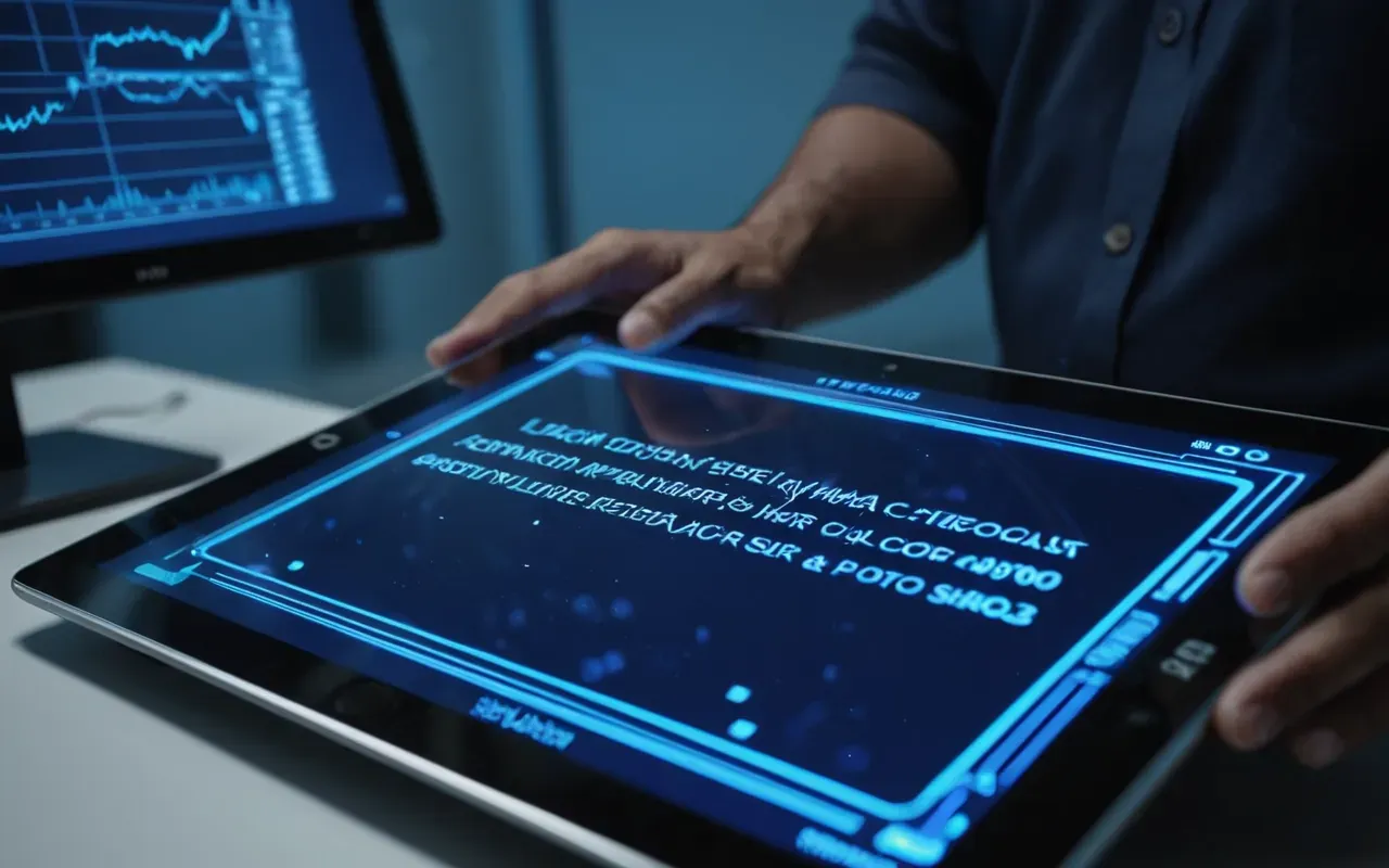 A close up view of a hand hovering over a glass tablet screen in a dimly lit modern office showing abstract glowing blue light patterns without any visible text or icons emphasizing the invisible nature of data collection processes during everyday digital interactions.