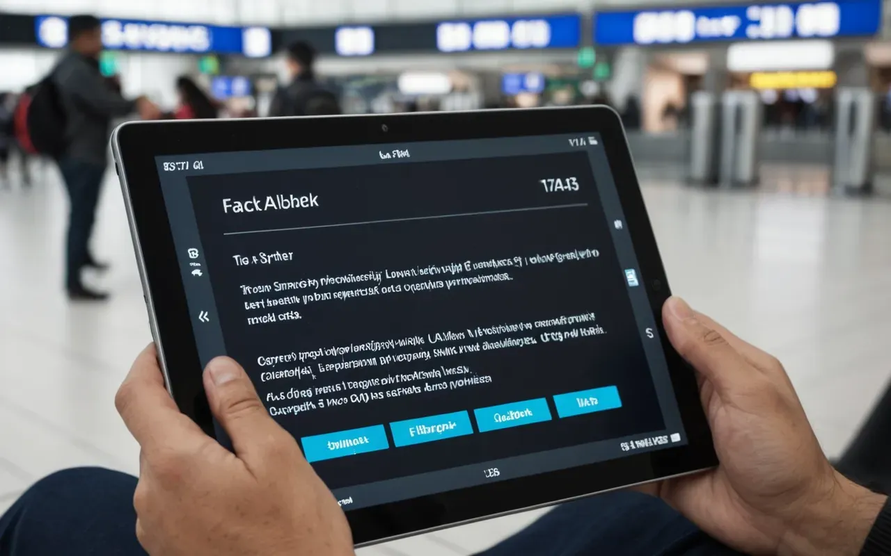 A close up view of a person s hands holding a tablet computer while sitting in a bright modern airport waiting area with blurred background figures.