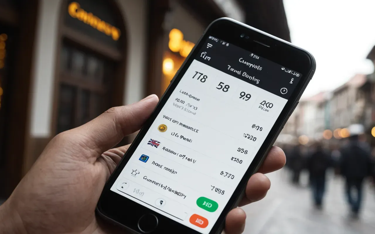 A close-up view of a smartphone screen displaying a travel booking app interface with a rising price graph and generic currency symbols, held by two hands against a blurred stadium background in the distance.